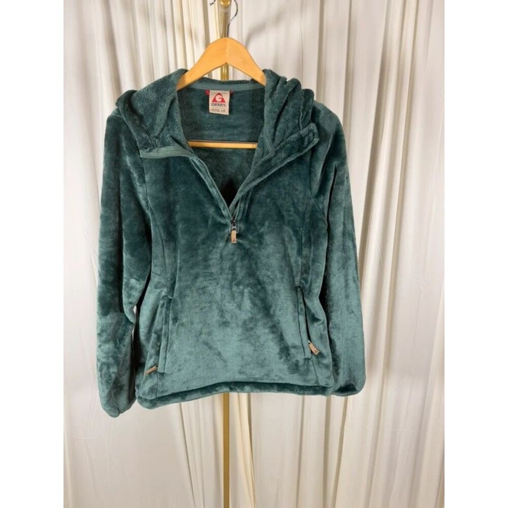 Gerry High Pile Silky Sherpa Fleece 1/4 Zip Hooded Jacket Deep Teal L EUC